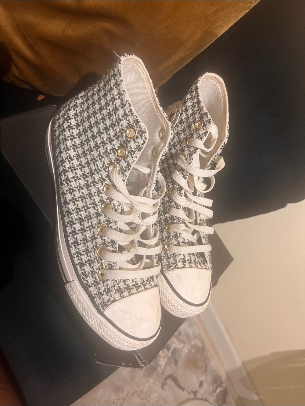Converse Women's High Top Tweed Sneakers in Black & White gold accent thread - Picture 4 of 7